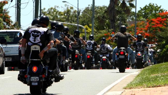 Outlaw Motorcycle riders from the Black Uhlans and Nomads riding on Nerang Southport road.