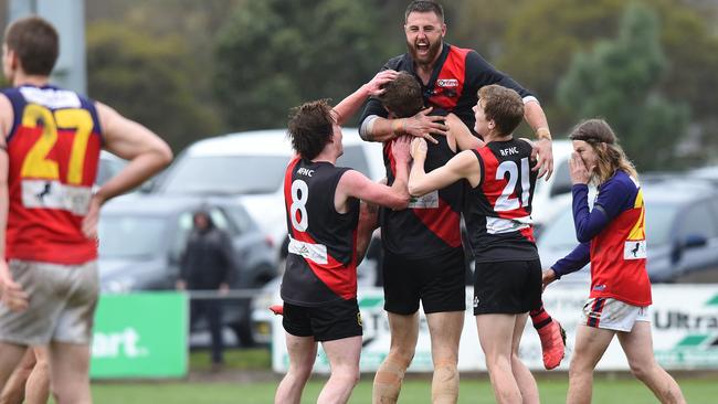 Riddell's Dylan Tarczon (top) celebrating after Ben Sonogan kicked a goal on Saturday. Picture: Josie Hayden