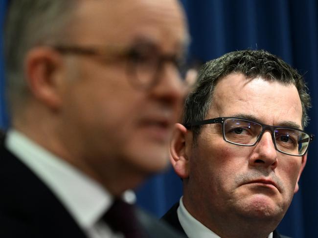 BRISBANE, AUSTRALIA - NewsWire Photos - AUGUST 16, 2023.Victorian Premier Daniel Andrews (centre) and West Australian Premier Roger Cook watch Prime Minister Anthony Albanese speaks during a press conference following a National Cabinet meeting in Brisbane.Picture: Dan Peled / NCA NewsWire