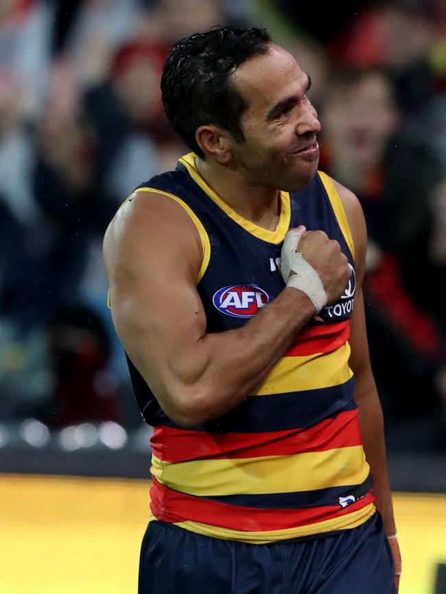 Eddie Betts celebrates one of his many wonderful goals for the Crows. Picture: AAP Image/Kelly Barnes