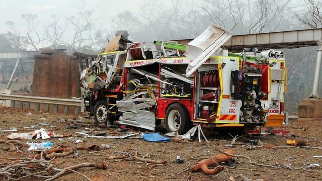 What is left of a fire truck that was on scene at the massive Charleville explosion. Picture: QPS Media.