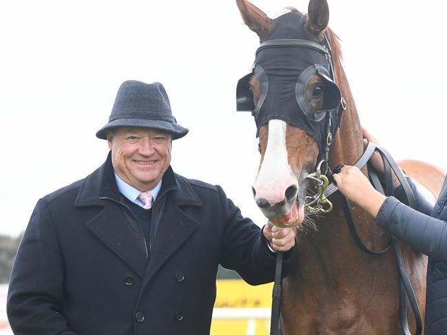 Tony McEvoy with Batrana  after winning  the Olive Interior Styling F&M BM64 Hcp at Sportsbet-Ballarat Racecourse on October 26, 2023 in Ballarat, Australia. (Photo by Pat Scala/Racing Photos via Getty Images)