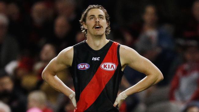 MELBOURNE, AUSTRALIA - AUGUST 27:  Joe Daniher of the Bombers reacts after kicking another point during the round 23 AFL match between the Essendon Bombers and the Fremantle Dockers at Etihad Stadium on August 27, 2017 in Melbourne, Australia.  (Photo by Michael Dodge/Getty Images)