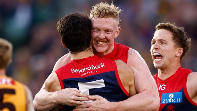 Melbourne star Clayton Oliver dislocated a finger at training on Wednesday but is expected to face Port Adelaide on Saturday night. Picture: Michael Willson / Getty Images