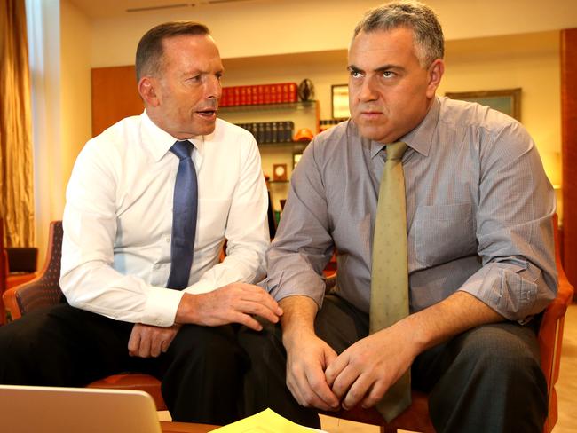 PM Tony Abbott and Treasurer Joe Hockey discuss the upcoming budget in the PM's Office at Parliament House in Canberra.