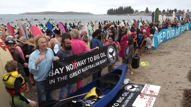 Protesters before the Victor Harbor paddle. Picture: Bill Doyle