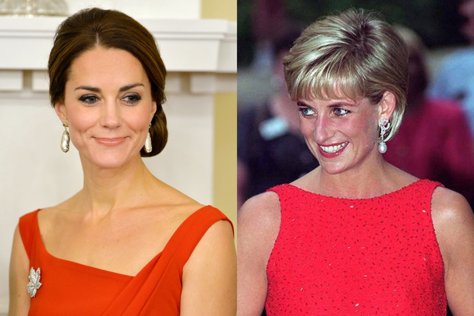 <h2>Princess Kate (2016) and Princess Diana (1997)</h2><p>The drop pearl earrings and the bold crimson place the Duchess of Cambridge's Canadian ballgown alongside Princess Diana's iconic Jacques Azagury dress, which she wore to an American Red Cross event in 1997.</p>