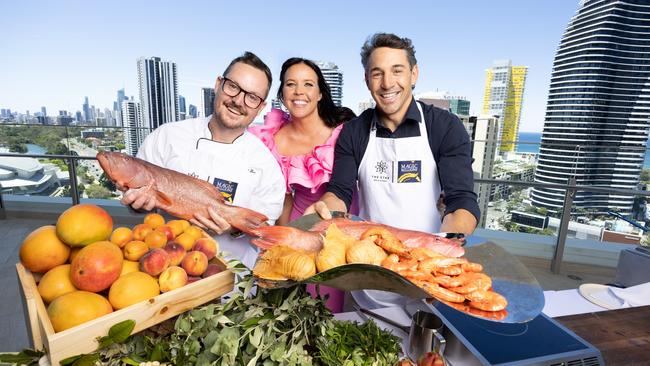 The Star culinary director and chef Daniel Fox with Magic Millions ambassadors Nicole and Billy Slater ahead of Magic Millions. Picture: Luke Marsden