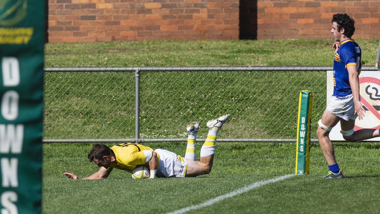 Oscar Hunt gets a try for Goondiwindi Emus against Dalby Wheatmen in Downs Rugby B grade Bill Flamsteed Cup grand final rugby union at Toowoomba Sports Ground, Saturday, August 24, 2024. Picture: Kevin Farmer