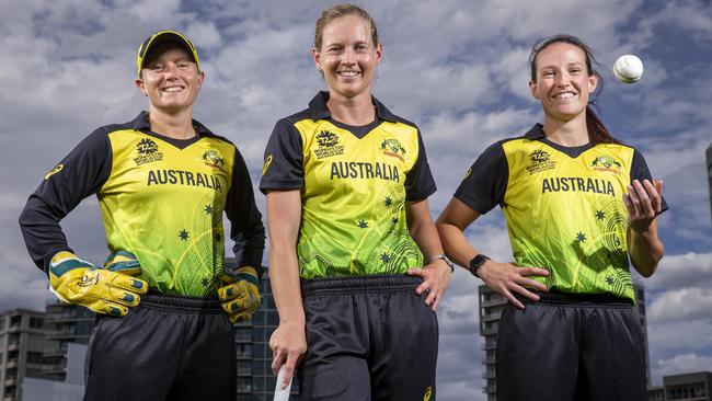 Australia’s all-conquering women’s cricketers (from left) Alyssa Healy, Meg Lanning and Megan Schutt. Picture: Wayne Taylor