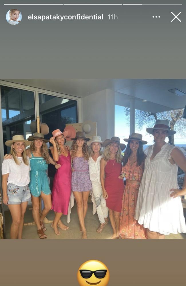 Elsa Pataky (third from right) and Luciana Barroso (second from right) attend a hat party in Byron Bay earlier this month. Picture: Instagram