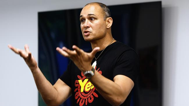 Indigenous leader Thomas Mayo speaks to a small but passionate crowd about his support for the Aboriginal and Torres Strait Islander Voice to Parliament referendum on October 14 at a public forum and Q&A session at Wuchopperan Health Service, Manoora. Picture: Brendan Radke
