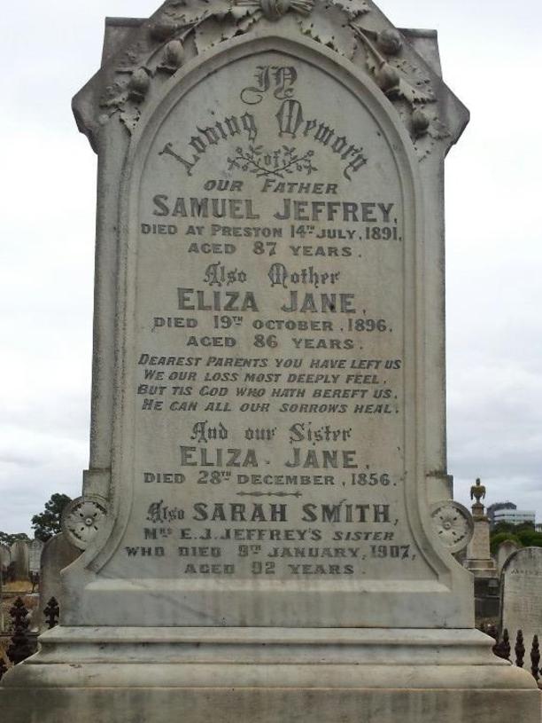 The grave of Samuel Jeffrey at Melbourne General Cemetery, the man who founded the suburb of Preston, which was once called Irishtown.