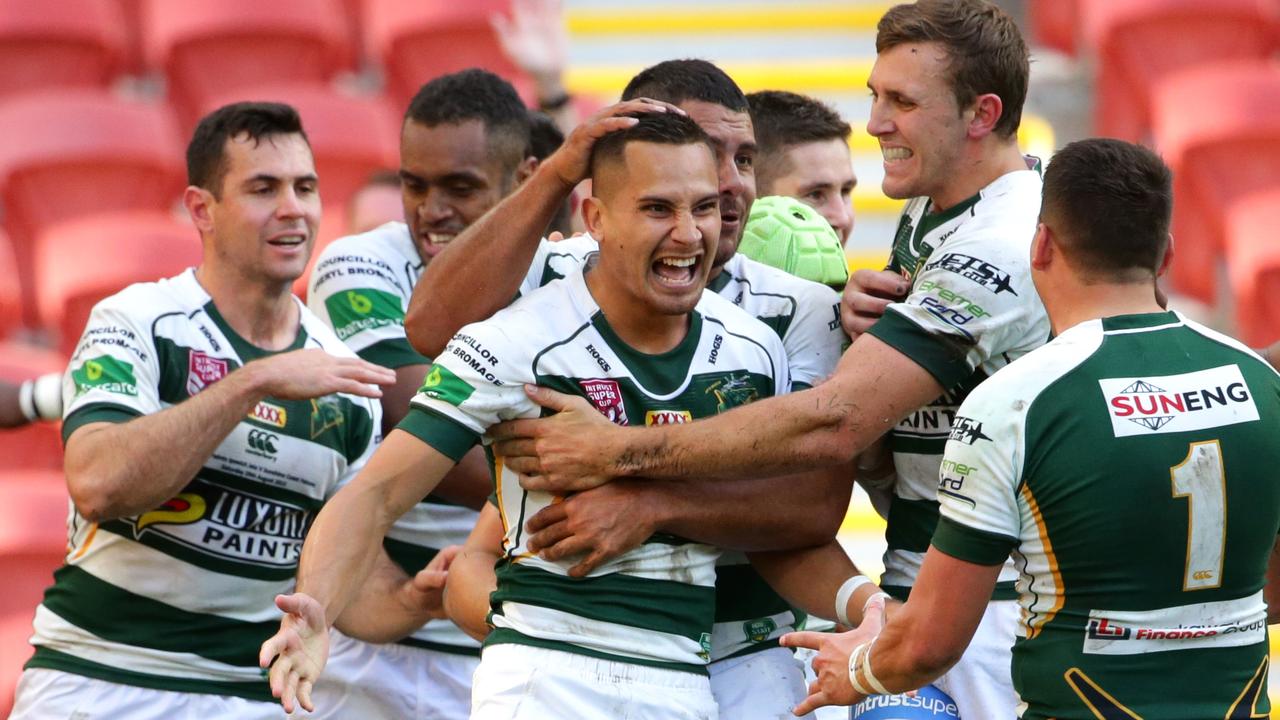 Jets tryscorer Marmin Barba celebrates with teammates during the 2015 Intrust Super Cup Grand Final between the Townsville Blackhawks and the Ipswich Jets. Pic Darren England.