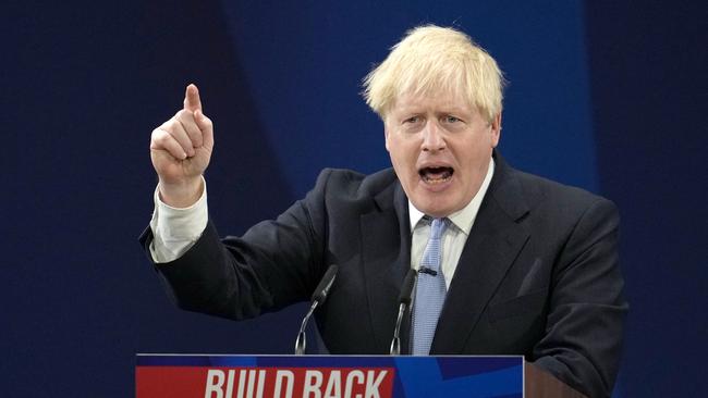 A typically bullish Boris Johnson addresses the Conservative Party conference in Manchester. Picture: Getty Images