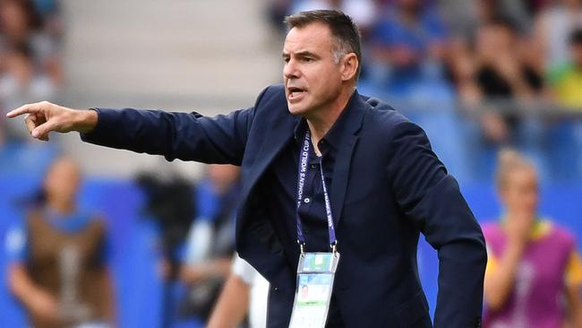 Matildas coach Ante Milcic gives directions during the Matildas’ Women’s World Cup clash with Brazil. Picture: AFP