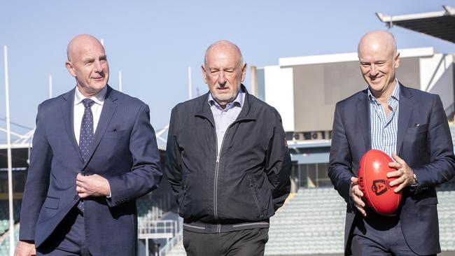 Tasmanian Premier Peter Gutwein, former Geelong President Colin Carter and Chair of AFL Taskforce Brett Godfrey at UTAS Stadium, Launceston. Picture: Chris Kidd