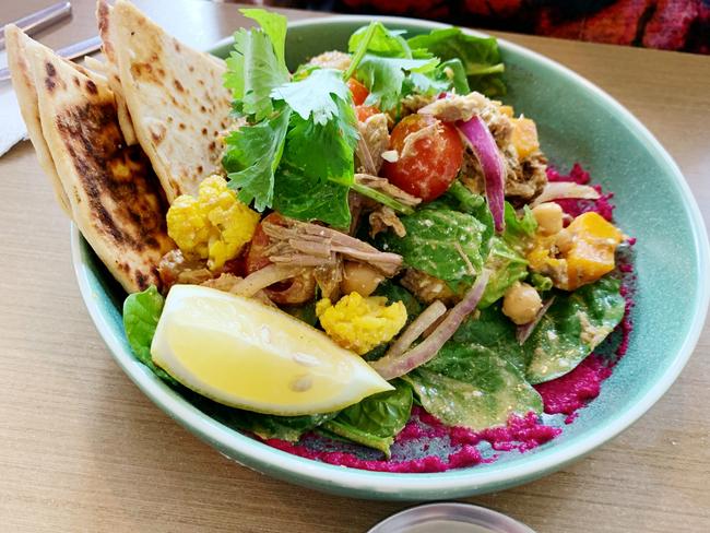 Middle Eastern pulled lamb, roasted pumpkin, feta, chickpeas, beetroot tapenade, flatbread and a lemon herb yoghurt at Agatha's. Photo: Dianne Mattsson