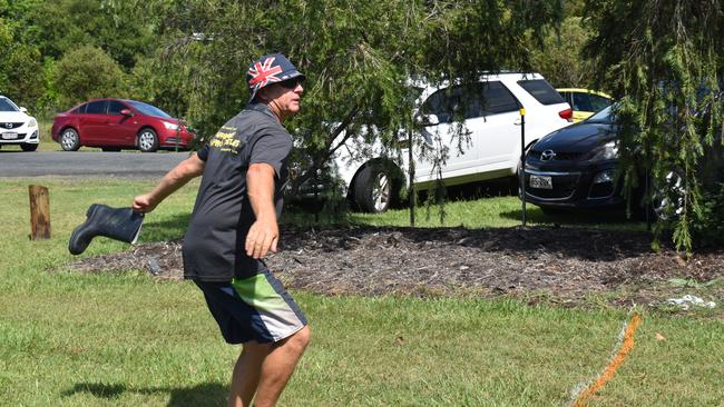 Scott Brown from the jumping castle paid the gumboot toss a visit to test his skills.