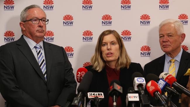 A press conference held at NSW Ministry of Health in St Leonards by health minister Brad Hazzard, chief medical officer Kerry Chant and Chief executive of Baptist Care Ross Low. Picture: Britta Campion