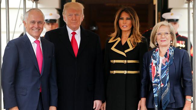 Donald Trump and Melania Trump greet Malcolm Turnbull and his wife Lucy Turnbull at the White House. Picture: Nathan Edwards