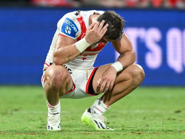 Dragons star Zac Lomax reacts during his side's loss to the Dolphins. Picture: NRL Photos