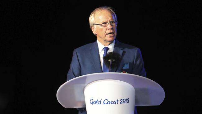 Peter Beattie, chairman of the Gold Coast 2018 Commonwealth Games Corporation, addresses the closing ceremony at Carrara Stadium last night.