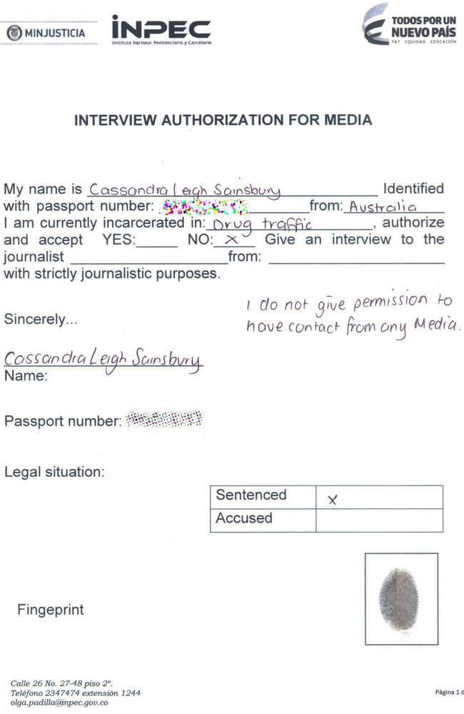 Cassandra (Cassie) Sainsbury letter refusing media interviews. Picture: Supplied