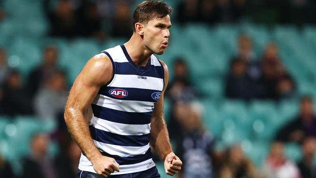 Tom Hawkins flexed his muscle with three goals for the Cats. Picture: Getty Images