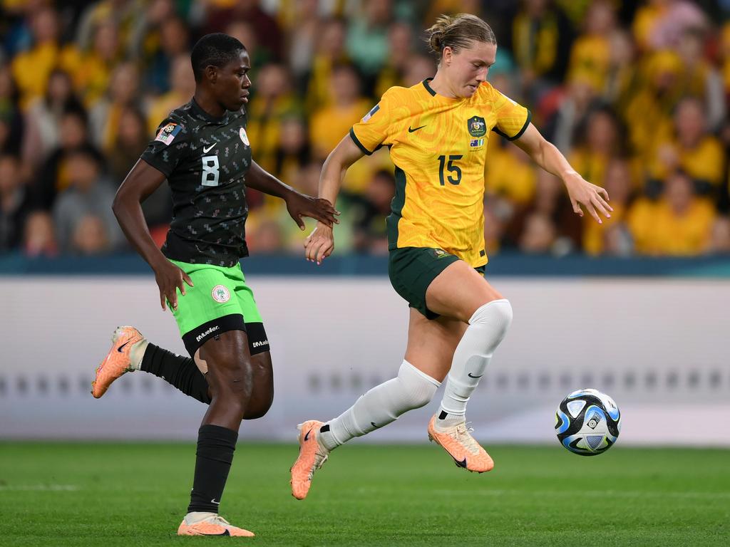 Clare Hunt takes on Asisat Oshoala. Picture: Justin Setterfield/Getty Images