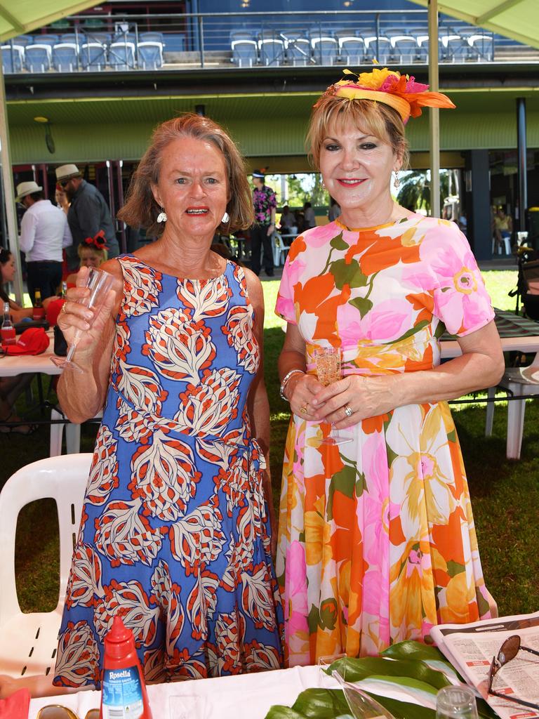 Lucille Panting and Libby Brown at the Darwin Turf Club Bridge Toyota Ladies' Day / Derby Day. Picture: KATRINA BRIDGEFORD