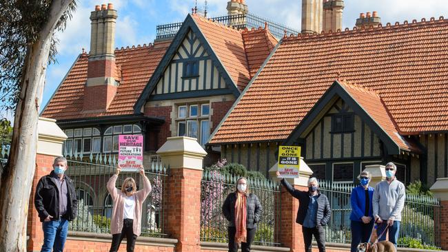 Michael Whelan, Romy Pane, Gena O’Keefe, Tim Bergin, and Geoff and Chris Hurst fighting the redevelopment of an Essendon mansion. Picture: Jay Town