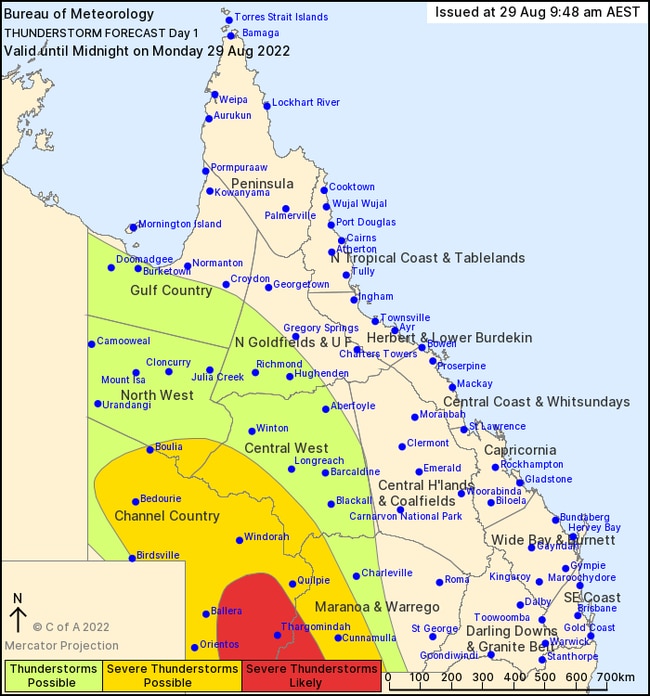 Severe storms are likely in the southwest of the state on Monday bringing large hail and damaging winds. Picture BOM.