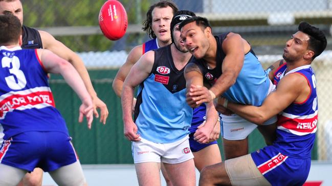 Keilor and Aberfeldie lock horns in last year’s EDFL Premier Division decider. Picture: Jamie Morey