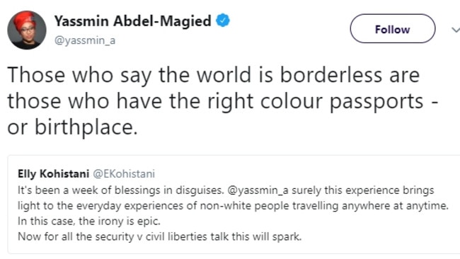 A tweet from Yassmin Abdel-Magied stating that she is currently at the United States border and is facing deportation. Picture: Twitter