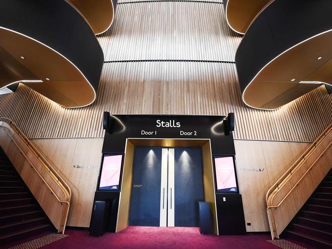 Ribbon-like twin staircases in the new entrance foyer of Her Majesty's Theatre in Adelaide. Picture: Mark Brake