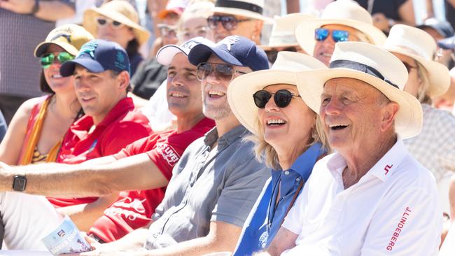 Nicole and Billy Slater, Nacho Figueras, Mike Tindall, Katie Page-Harvey and Gerry Harvey at the barrier draw. Picture: Luke Marsden