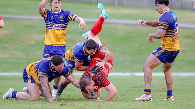 Ben Webber up-ended in a dangerous tackle. Picture: DC Sports Photography