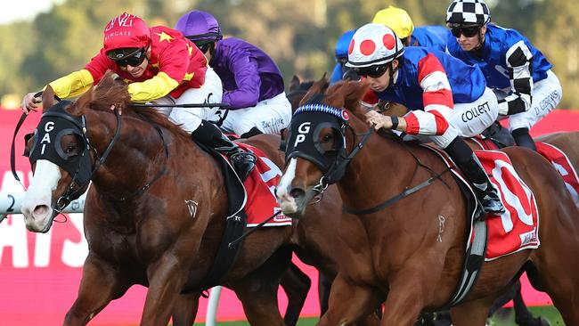 Encap (right) charges home to claim the Theo Marks Stakes at Rosehill. Picture: Getty Images