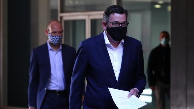 Victorian Premier Daniel Andrews arrives for today’s press conference. Picture: Getty Images