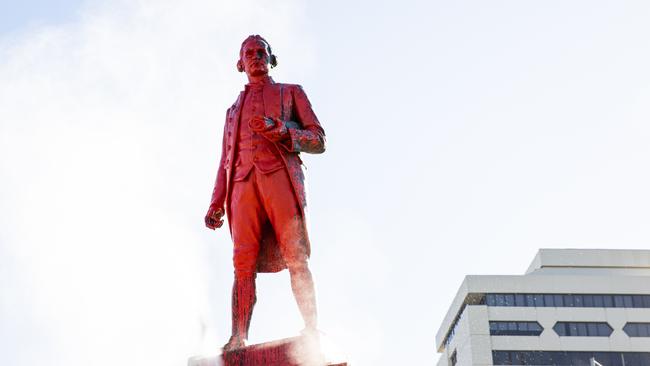 Red paint covers a vandalised statue of Captain James Cook at Catani Gardens in St Kilda on January 26, 2022 in Melbourne. PIcture: Getty