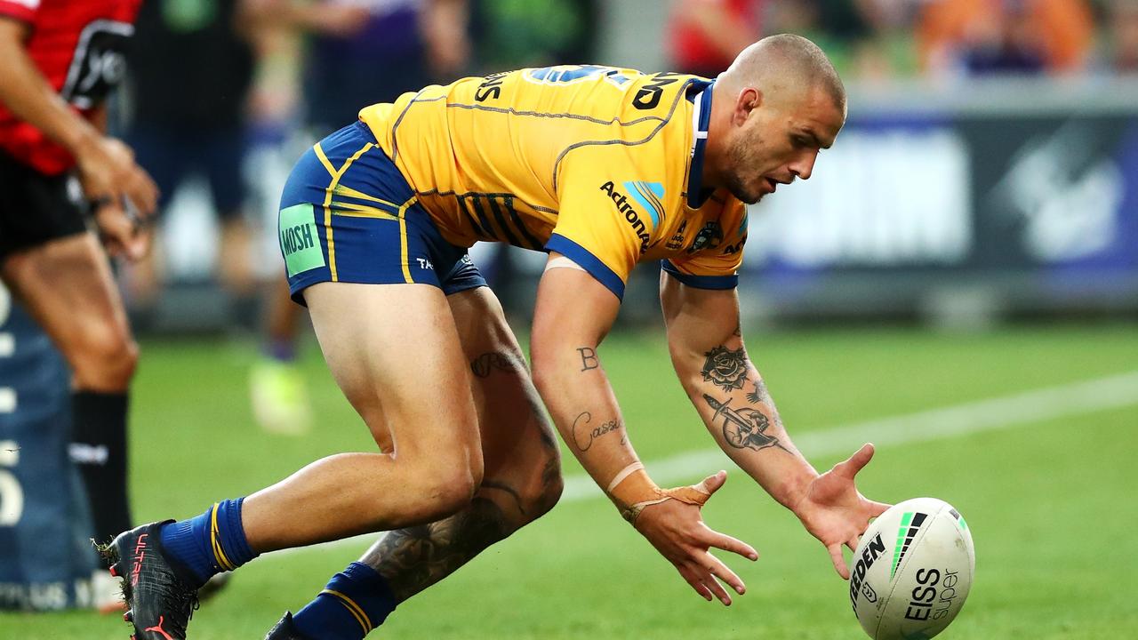 Ray Stone of the Eels scores his first try of the match. Photo by Kelly Defina/Getty Images