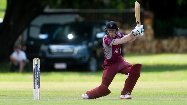 Round 2 Darwin Premier Grade Cricket: Darwin Eagles v Palmerston Power at Kahlin Oval. Liam Sparke watches the ball off the bat. Photograph: Che Chorley