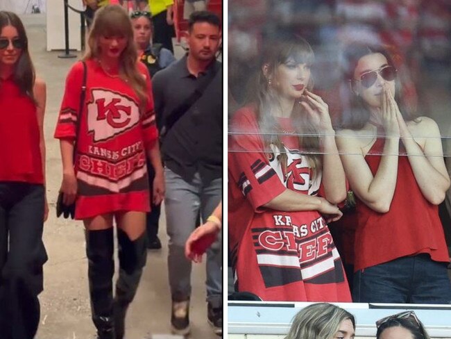 Taylor Swift arriving and enjoying the Bengals game. Photos: Twitter/Getty Images