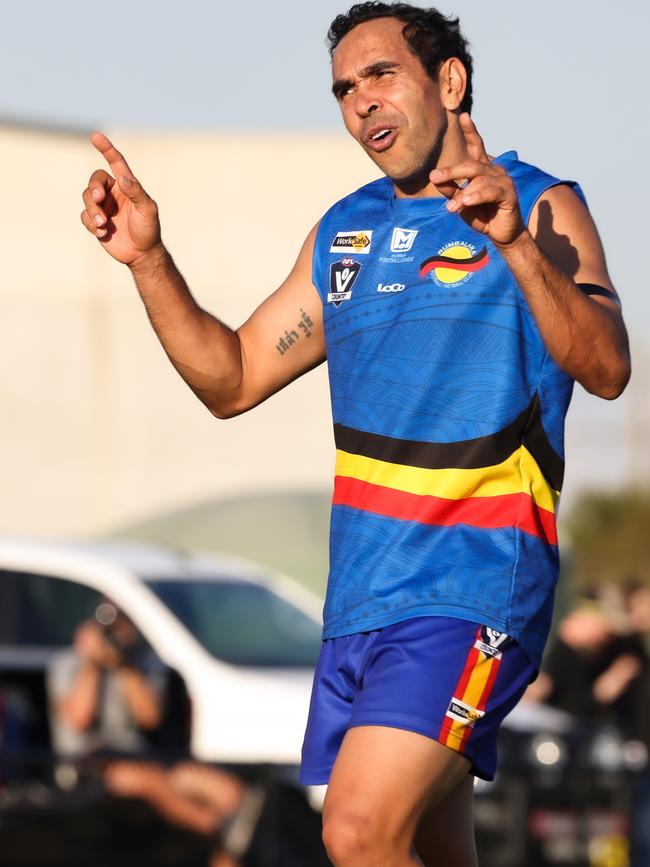 Former AFL star Eddie Betts in action for Rumbalara. Picture: Ian Currie