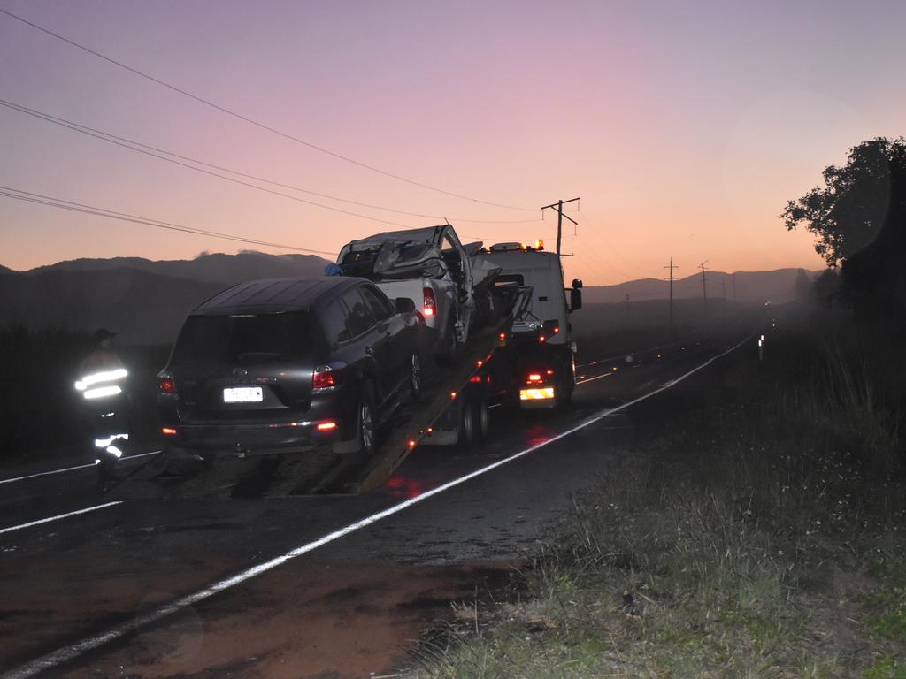 Tragic scenes at a fatal crash on the Bruce Highway near Pindi Pindi. Picture: Lillian Watkins