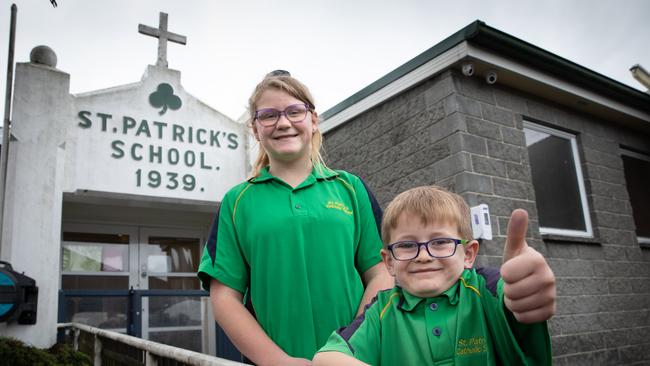 Relatives of Teddy Sheean, Matilda Hayes and Xavier Parker are very happy he is to be posthumously awarded the Victoria Cross. Picture: GRANT WELLS