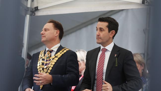 Mayor Adrian Schrinner and Premier David Chrisafulli at the Anzac Day Parade. Pic: Annette Dew
