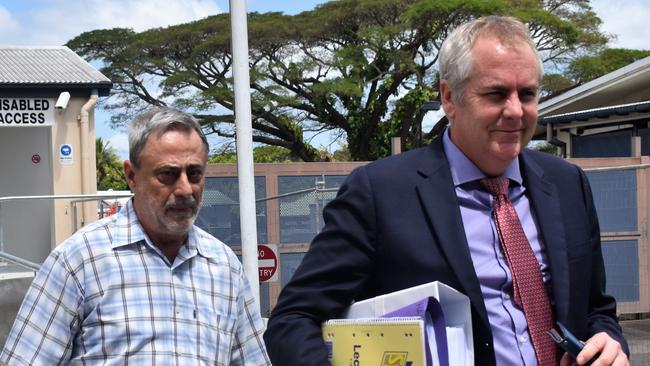 Former Trans North bus driver John Reginald Harris with defence lawyer Darren Robinson from Keir Steele Waldon Lawyers outside the Ingham Magistrates Court. Picture: Cameron Bates