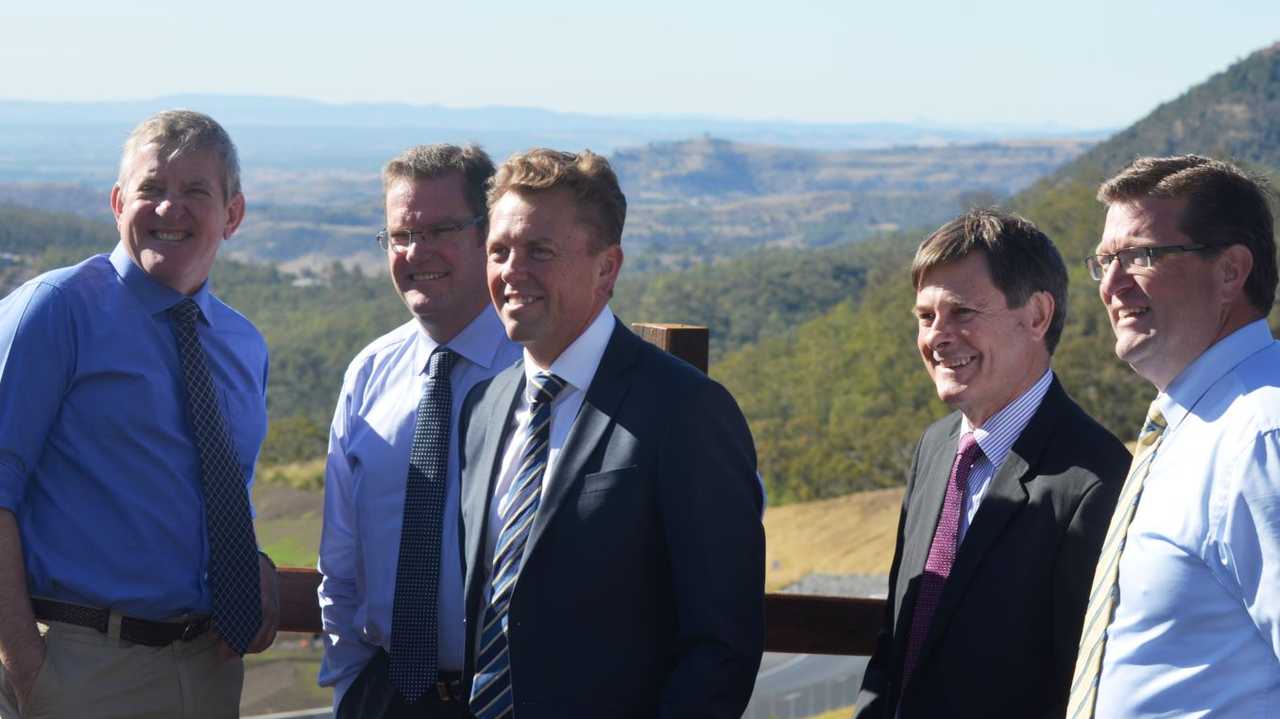 Checking out the completed Toowoomba Range roadworks are Federal Minister Ian Macfarlane, State ministers John McVeigh (Agriculture) and Scott Emerson (Transport), Paul Smith (Department of Transport and Main Roads) and Toowoomba North MP Trevor Watt. Picture: Derek Barry